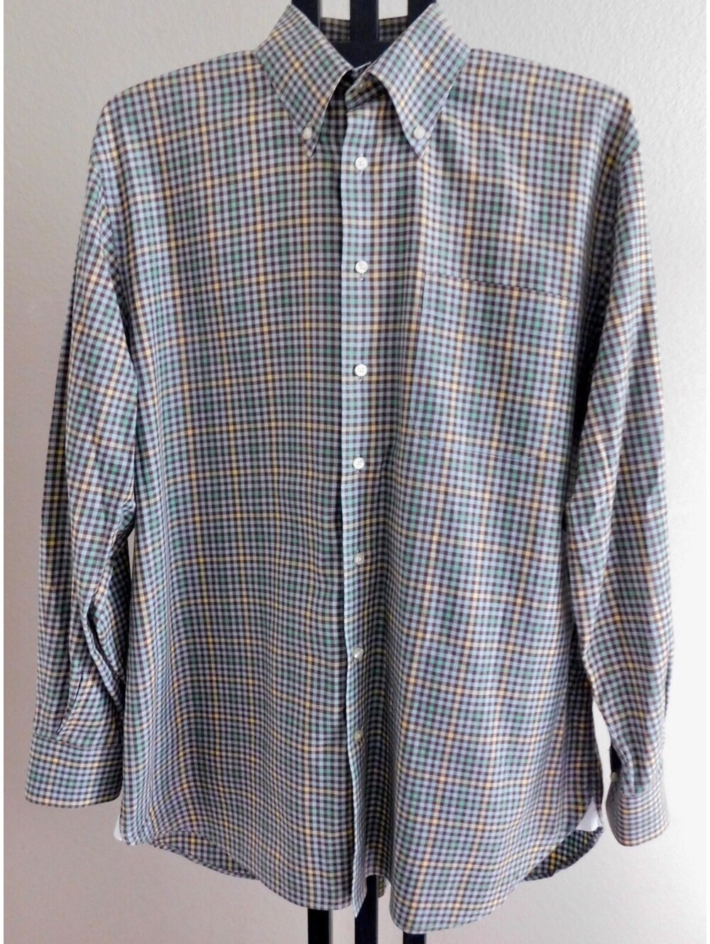 Peter Millar Men's Size L Button Down Shirt Plaid Check Brown Green Cotton Golf